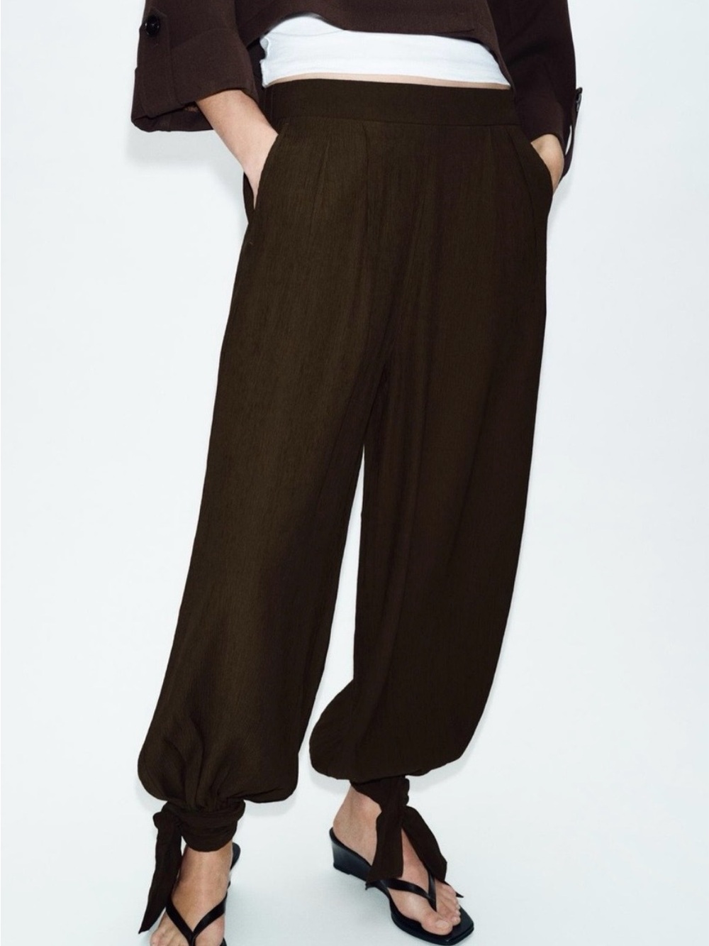Zara Dark Brown Tie-Hem Cropped Wide Leg Pants Size Medium NWT